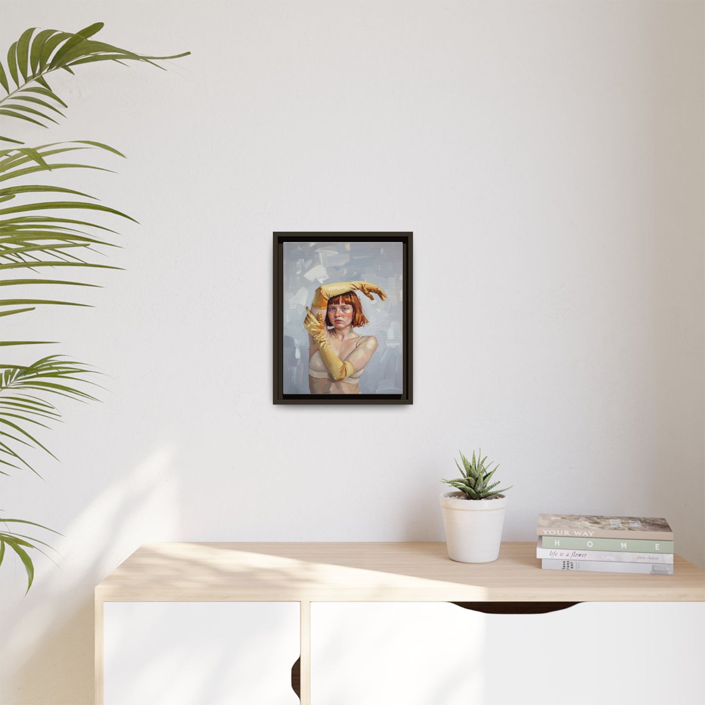 Contemporary Portrait Canvas Print — Woman with Yellow Gloves (Framed Matte)