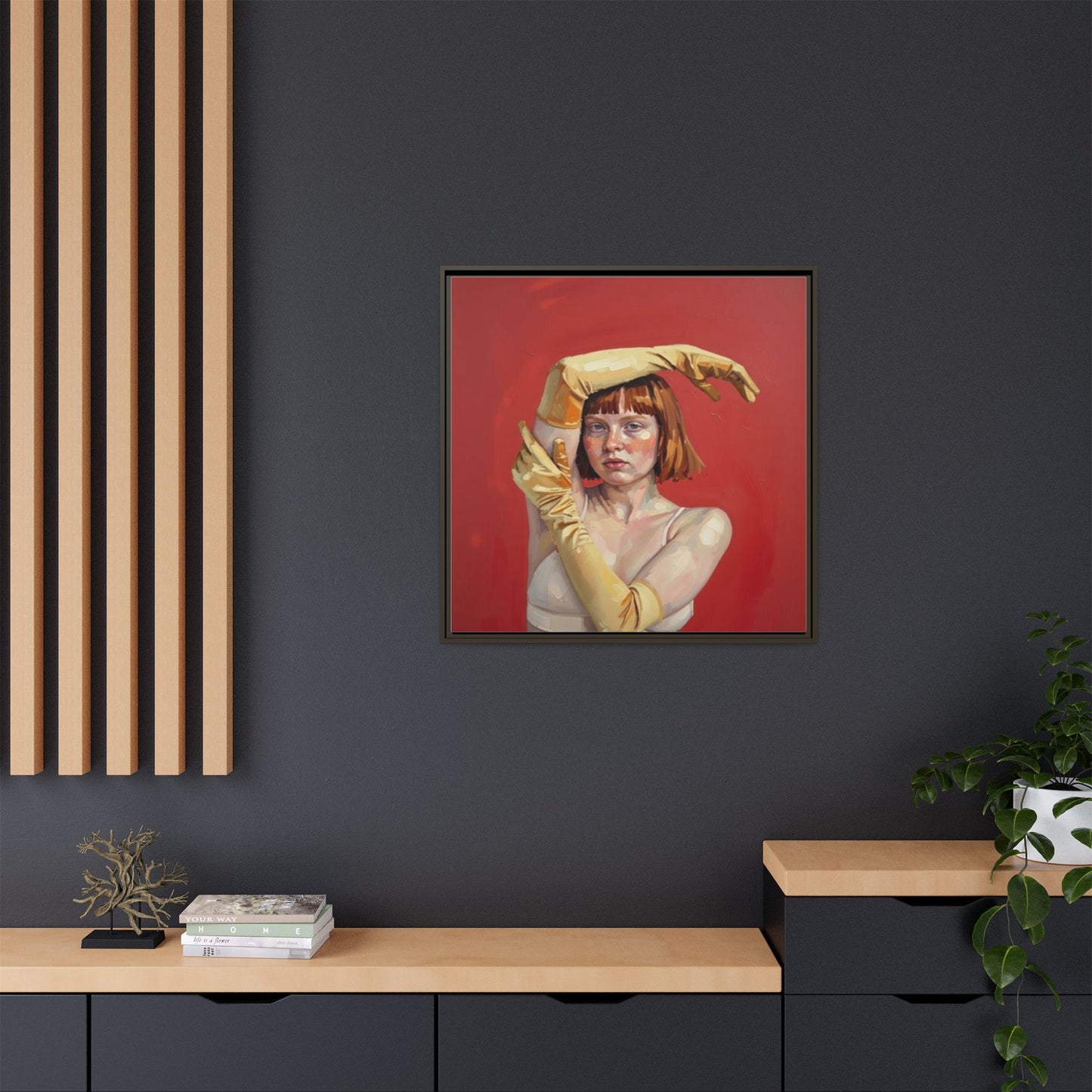 Framed Matte Canvas Art - Portrait of Woman in Yellow Gloves (Red Background)