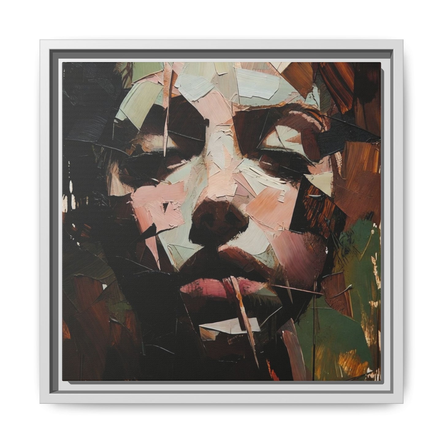 Matte Framed Canvas Art — Abstract Female Portrait, Moody Multicolor
