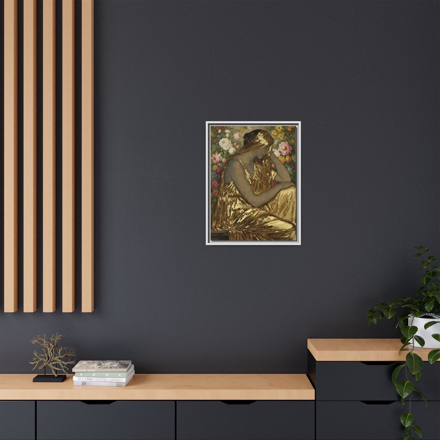 Framed Canvas Art Print — Golden Muse Woman with Floral Background