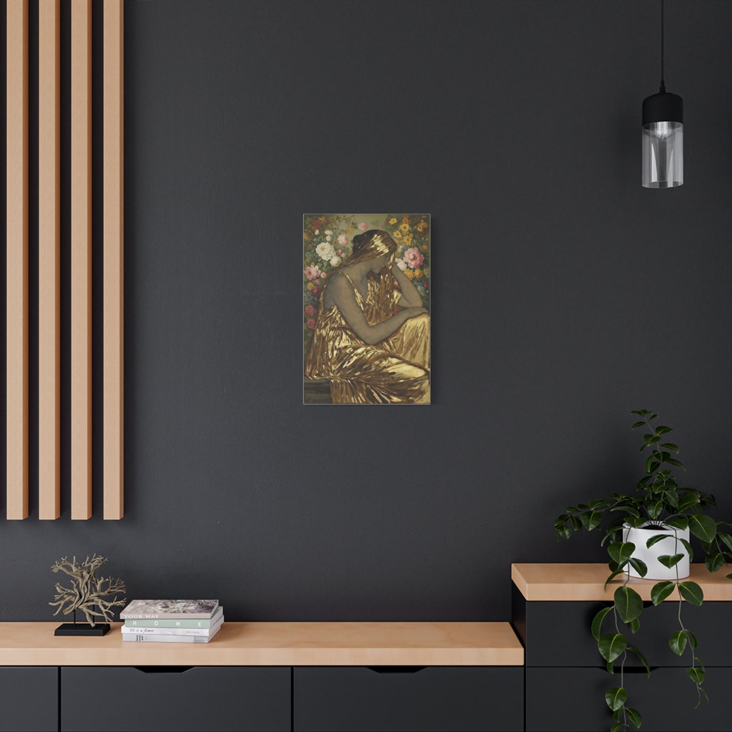 Golden Muse Canvas Print — Woman in Gold Floral Art (Stretched Matte)