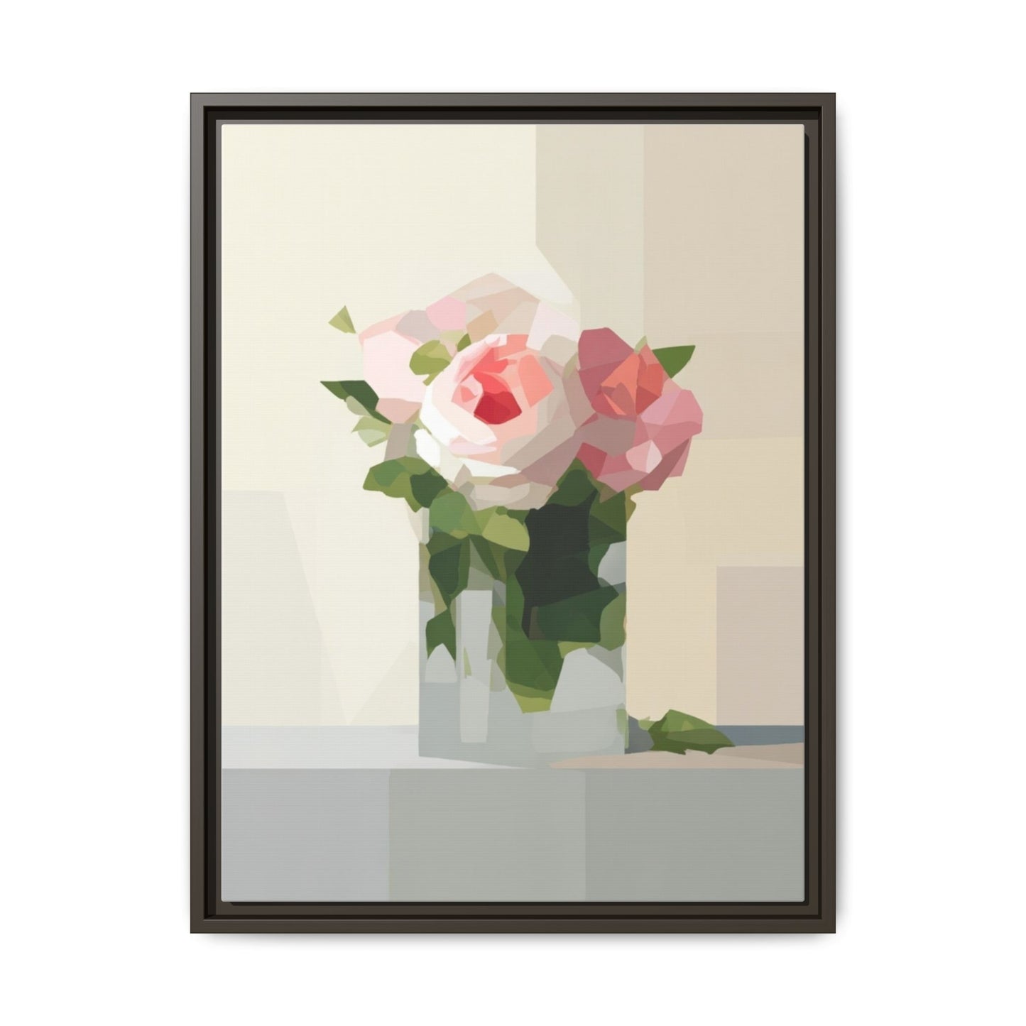 Framed Floral Canvas Print — Geometric Pink Rose Wall Art