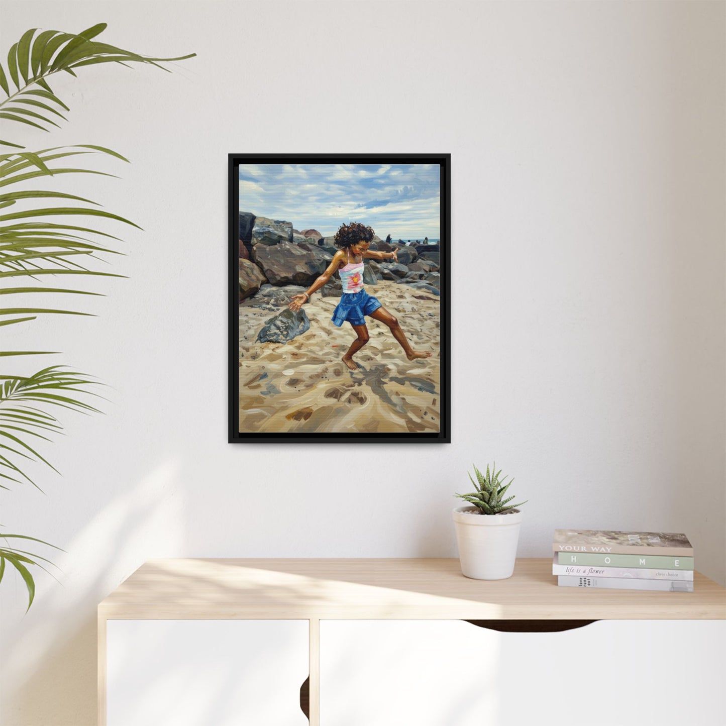 Framed Canvas Art - Girl Dancing on the Beach (Matte Multi-Color)