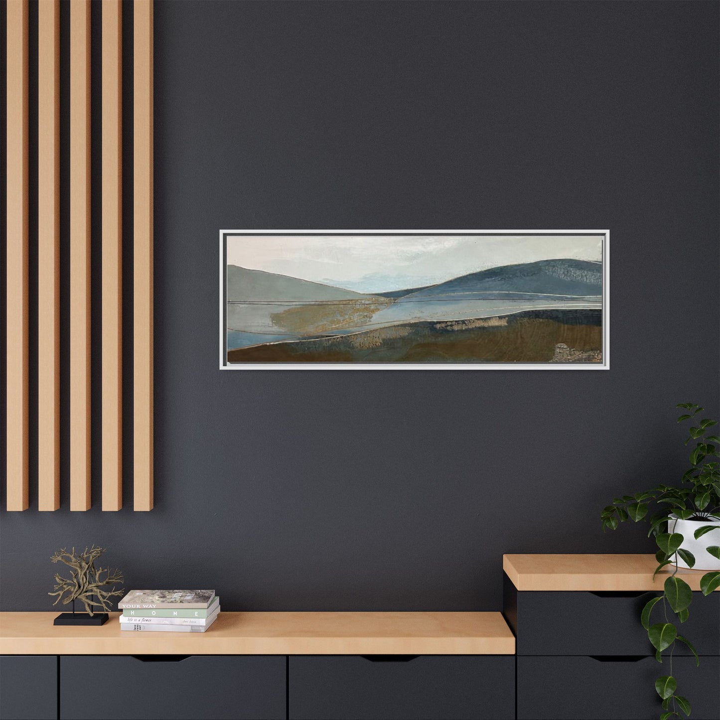 Framed Matte Canvas Landscape Art - Serene Abstract Hills in Blue & Earth Tones