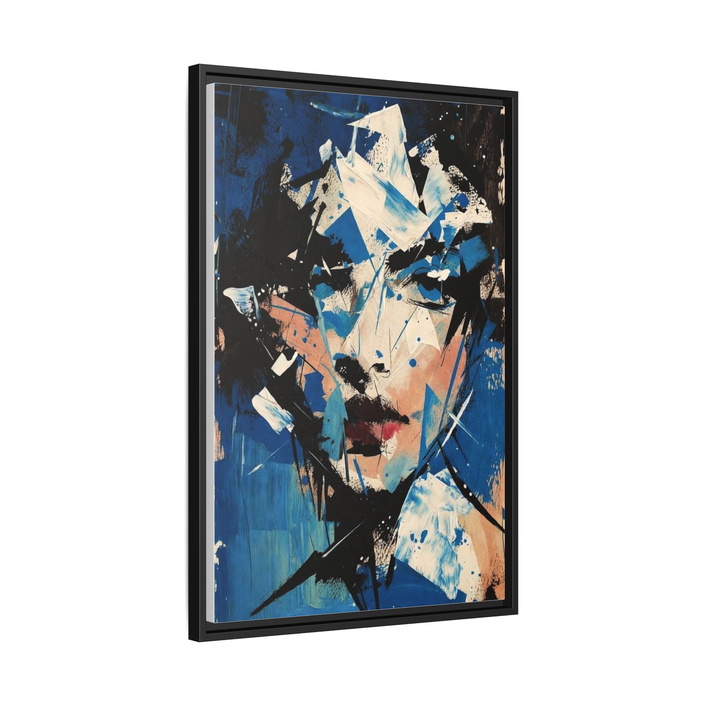 Abstract Portrait Matte Canvas Framed Wall Art — Blue Mixed-Media Face Print