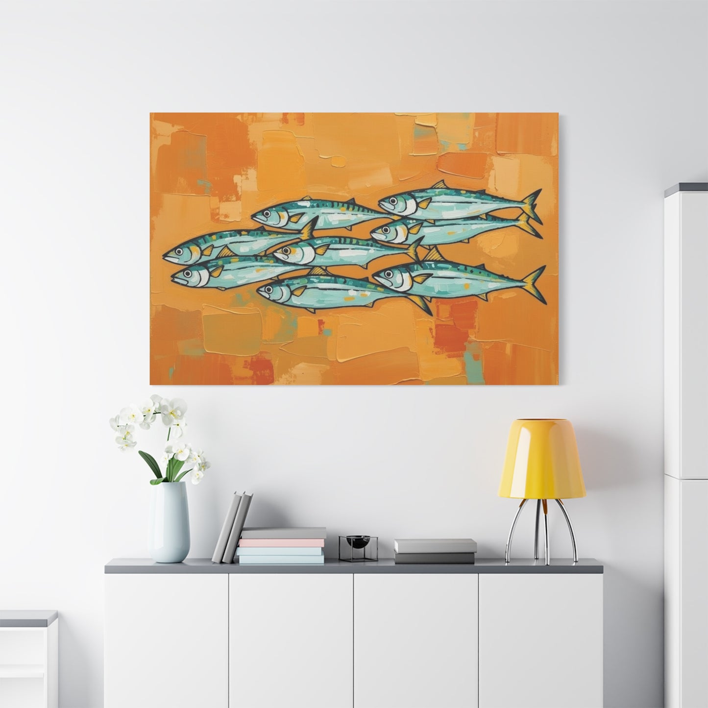 School of Mackerel Canvas Wall Art — Nautical Fish Painting on Orange Background