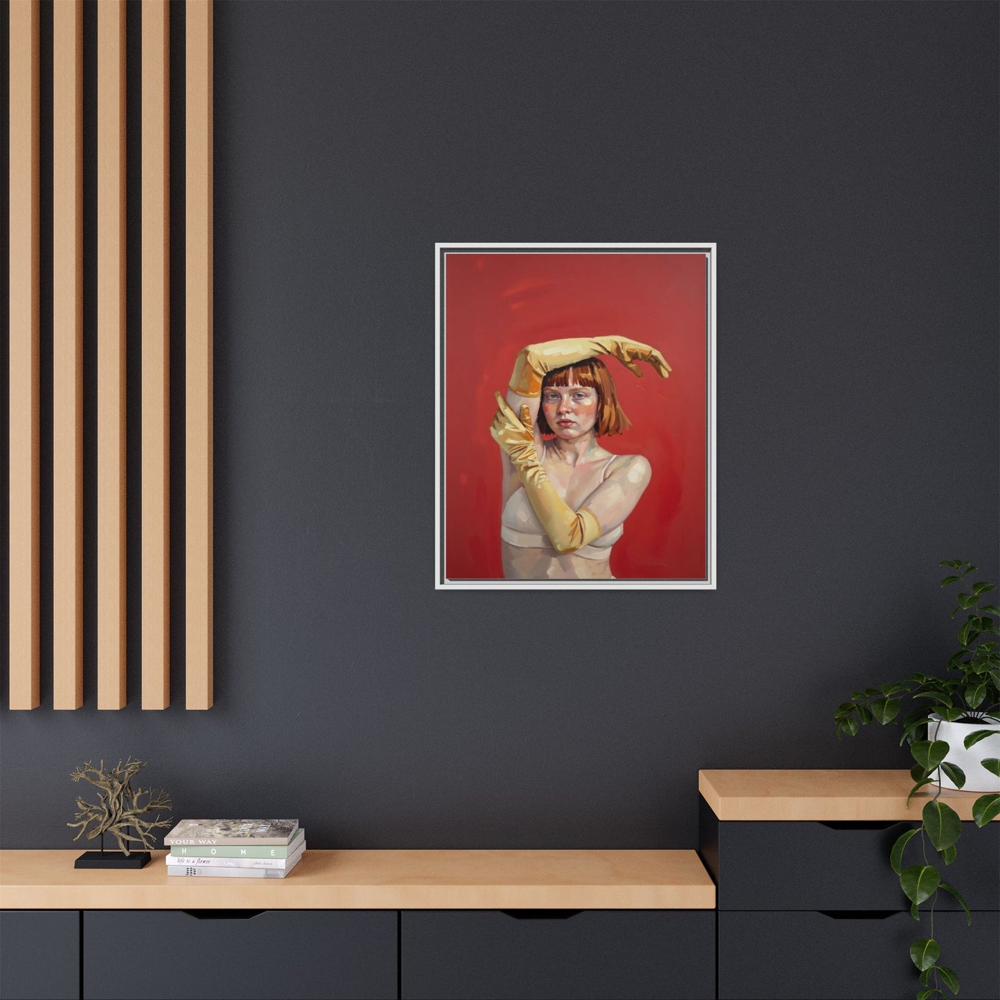Framed Matte Canvas Art - Portrait of Woman in Yellow Gloves (Red Background)