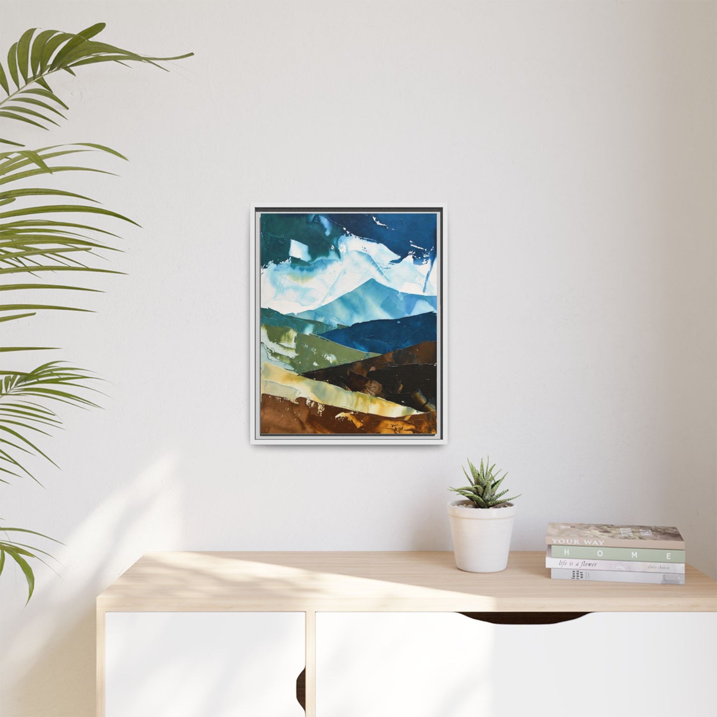 Framed Abstract Mountain Canvas Art — Blue & Earthtone Landscape Print