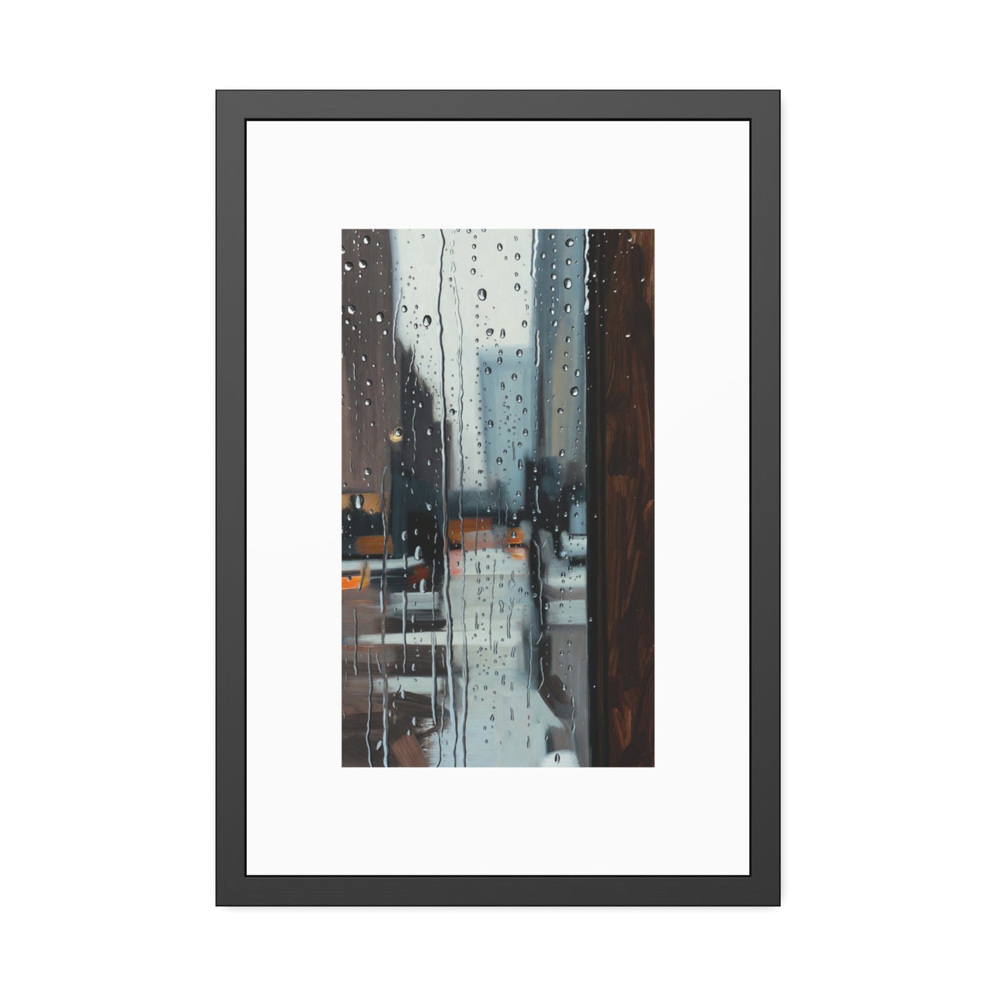 Framed Cityscape Poster — Rainy Window Urban Art Print