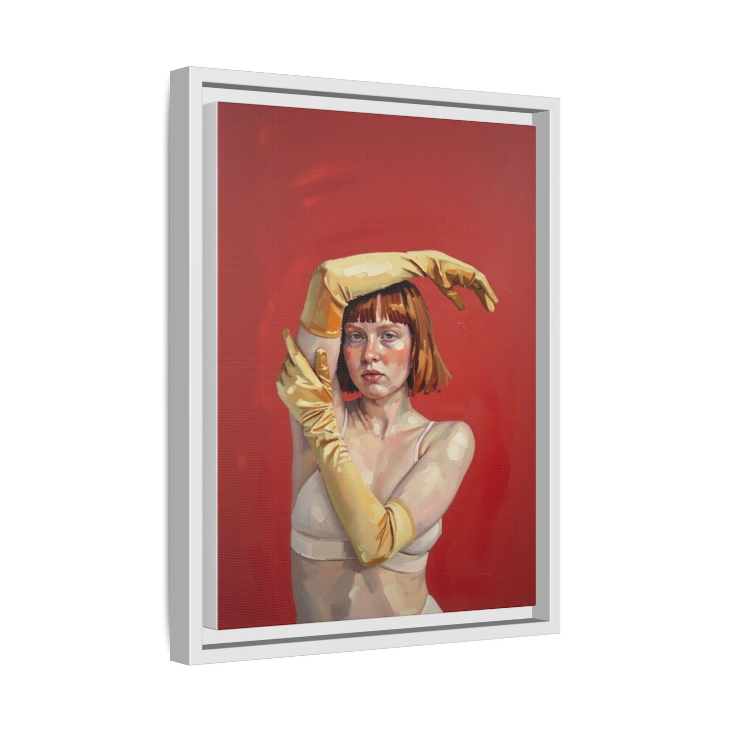 Framed Matte Canvas Art - Portrait of Woman in Yellow Gloves (Red Background)