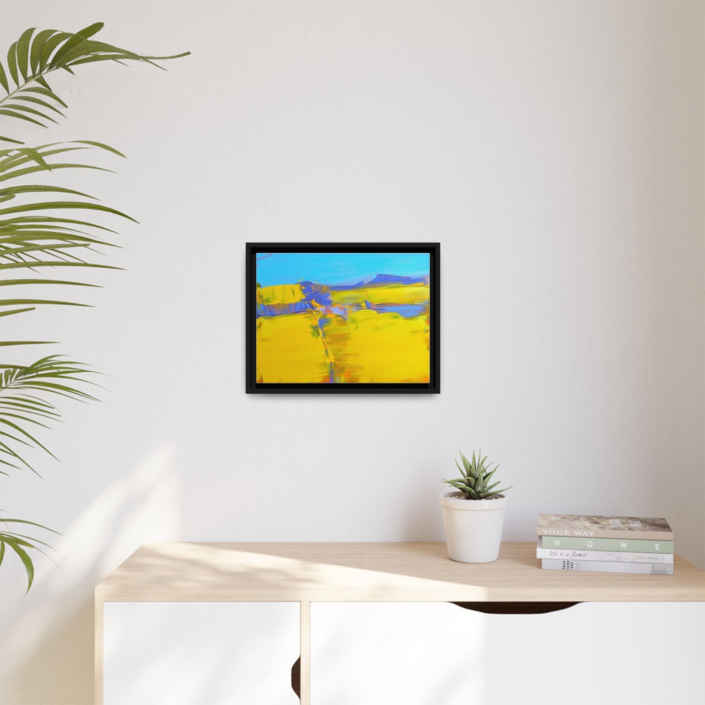 Framed Matte Canvas  Vibrant Yellow Blue Abstract Landscape Art