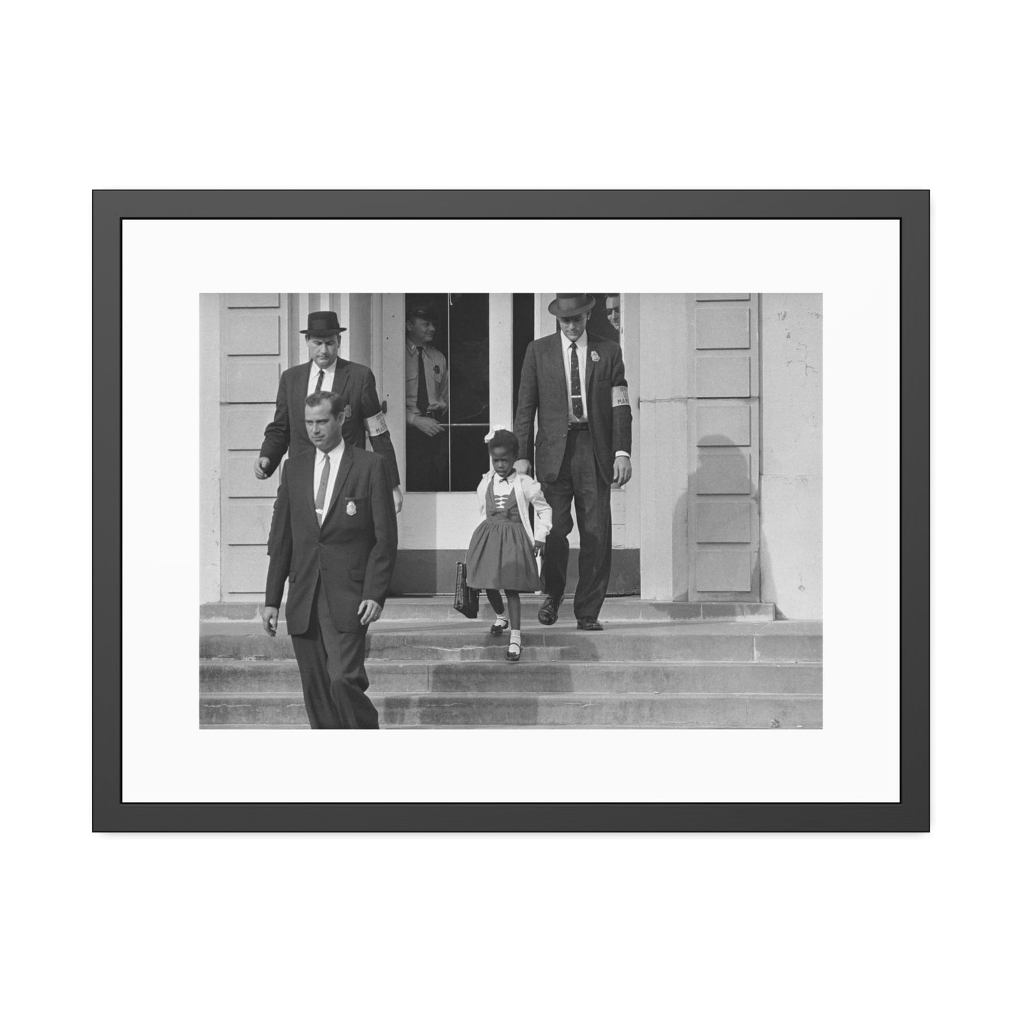 US Marshals with Young Ruby Bridges on School Steps by Unknown  Black & White Civil Rights Photograph Framed Wall Art Print