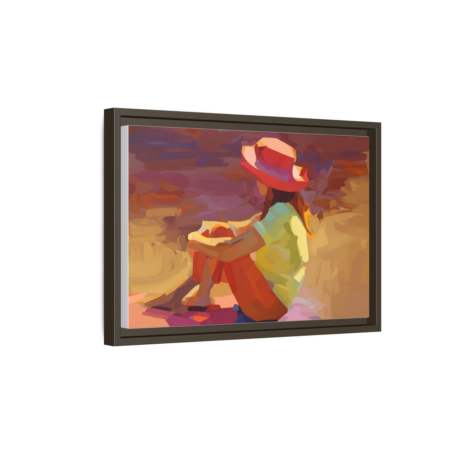 Framed Matte Canvas — Colorful Seated Girl Beach Art