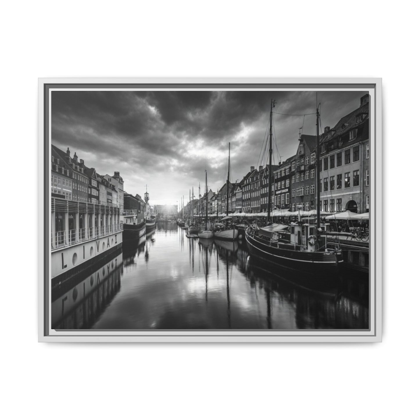 Framed Matte Canvas: Black & White Dutch Canal Photography Wall Art