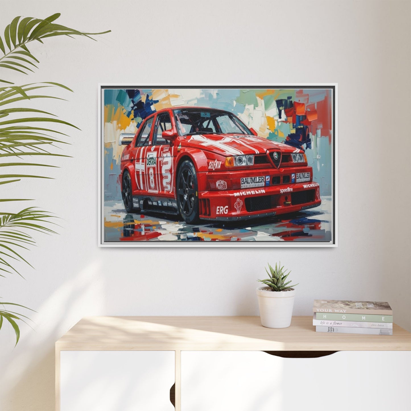 Framed Racing Car Canvas Print — Red Alfa Romeo Track Art