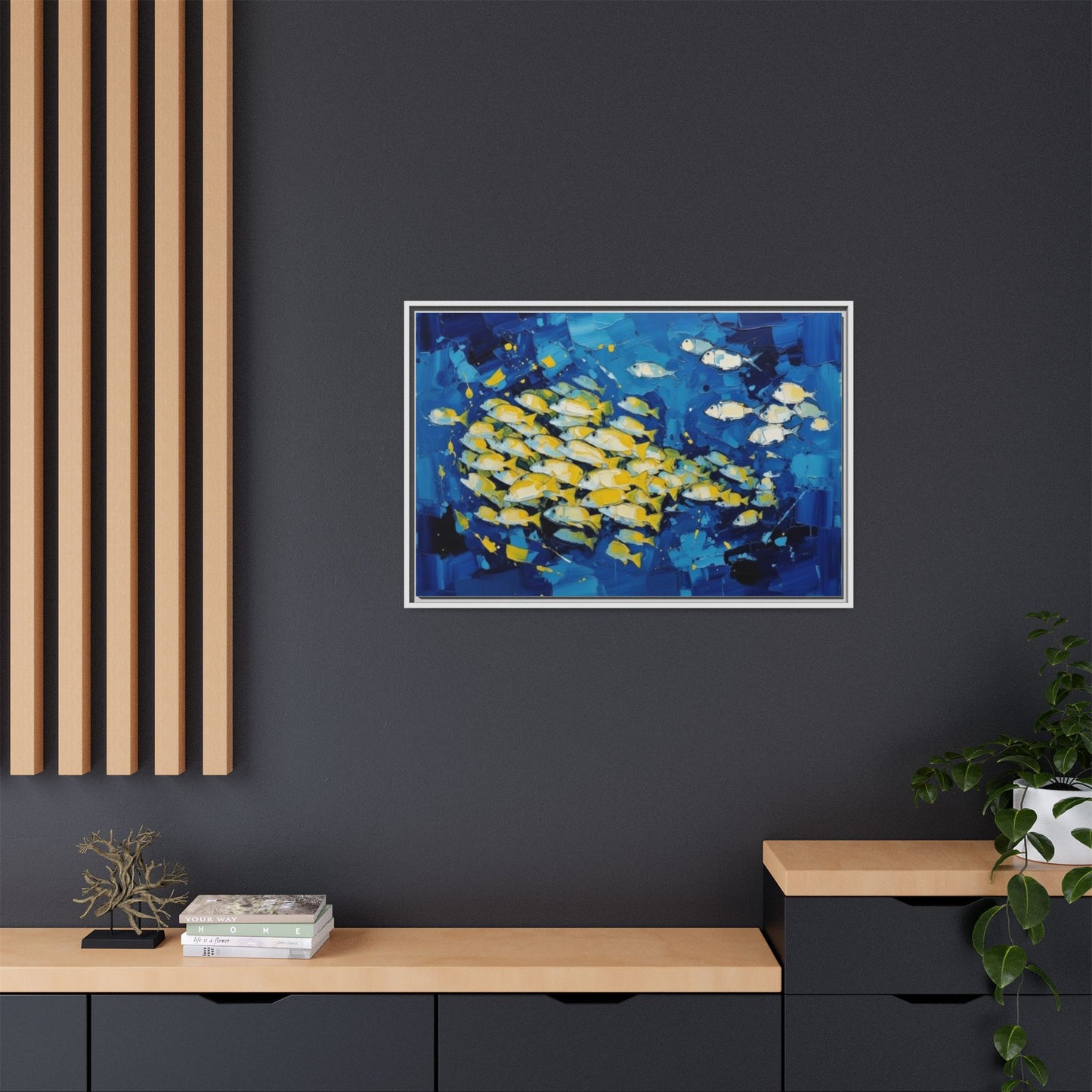 Framed Matte Canvas: Blue School of Fish Wall Art