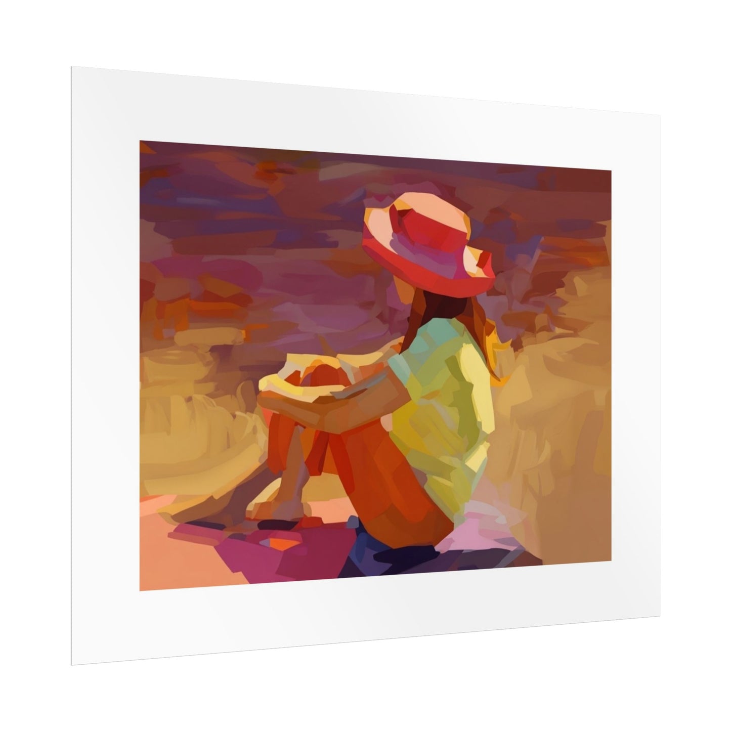 Sunset Daydream Rolled Poster — Colorful Girl in Hat Beach Art Print