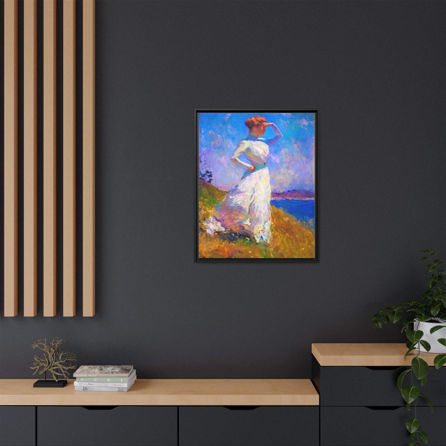 Framed Matte Canvas Art - Woman in White Seaside Impressionist Print