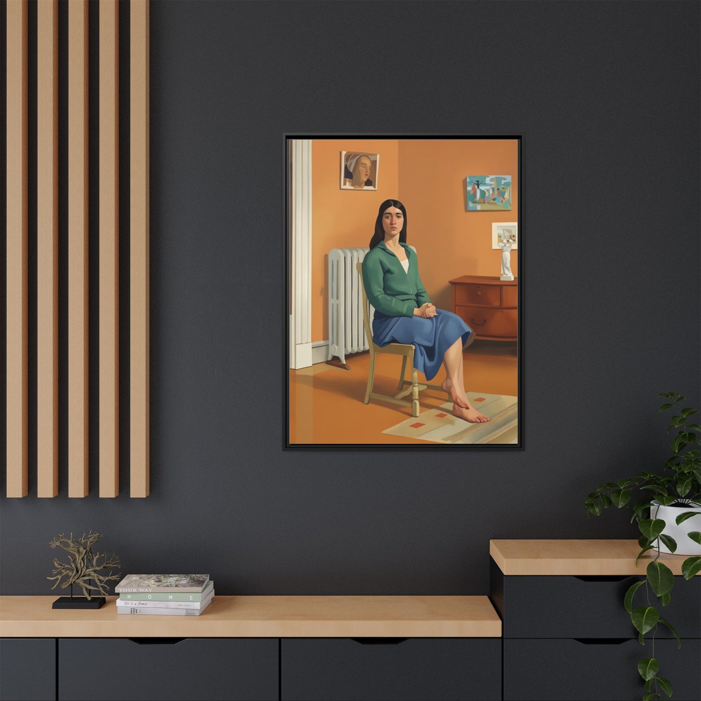 Framed Matte Canvas Print — Woman Seated in Warm Interior (Midcentury Portrait)