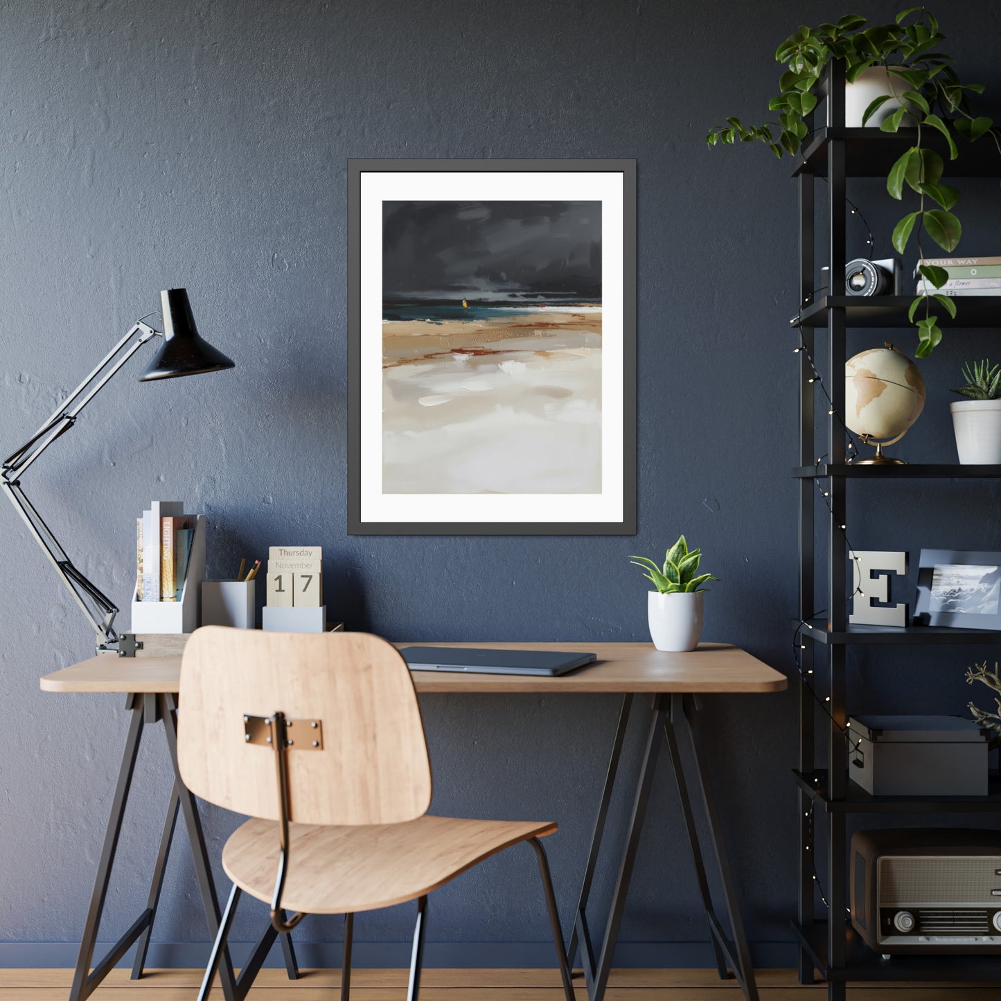 Framed Coastal Beach Print — Moody Seascape Poster in Black Frame