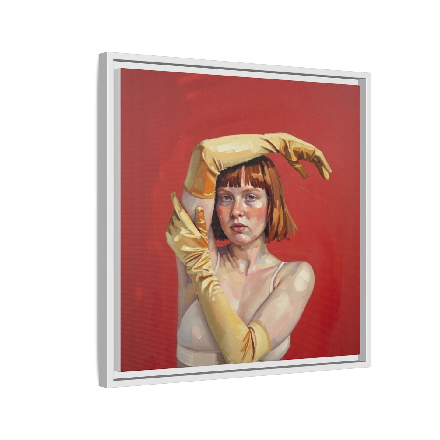 Framed Matte Canvas Art - Portrait of Woman in Yellow Gloves (Red Background)