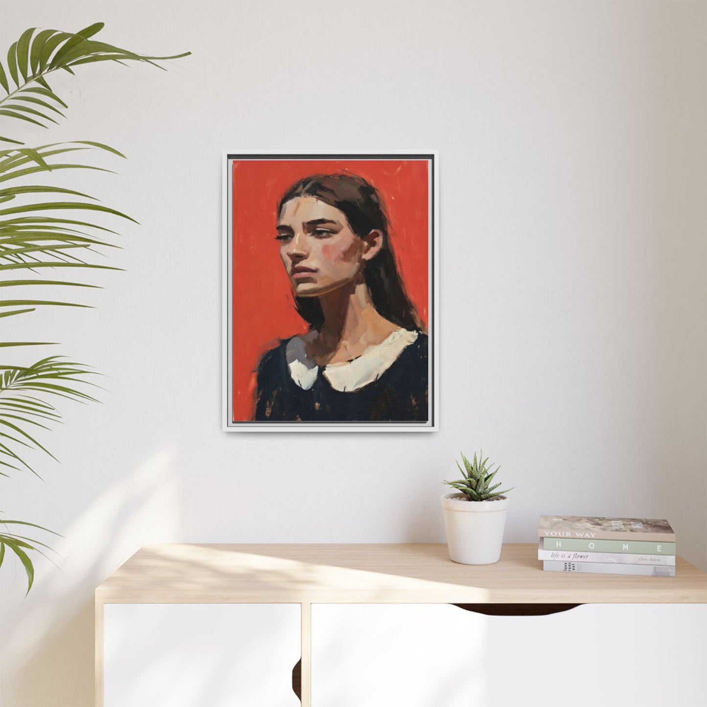 Framed Matte Canvas Portrait Print — Moody Red Figurative Art
