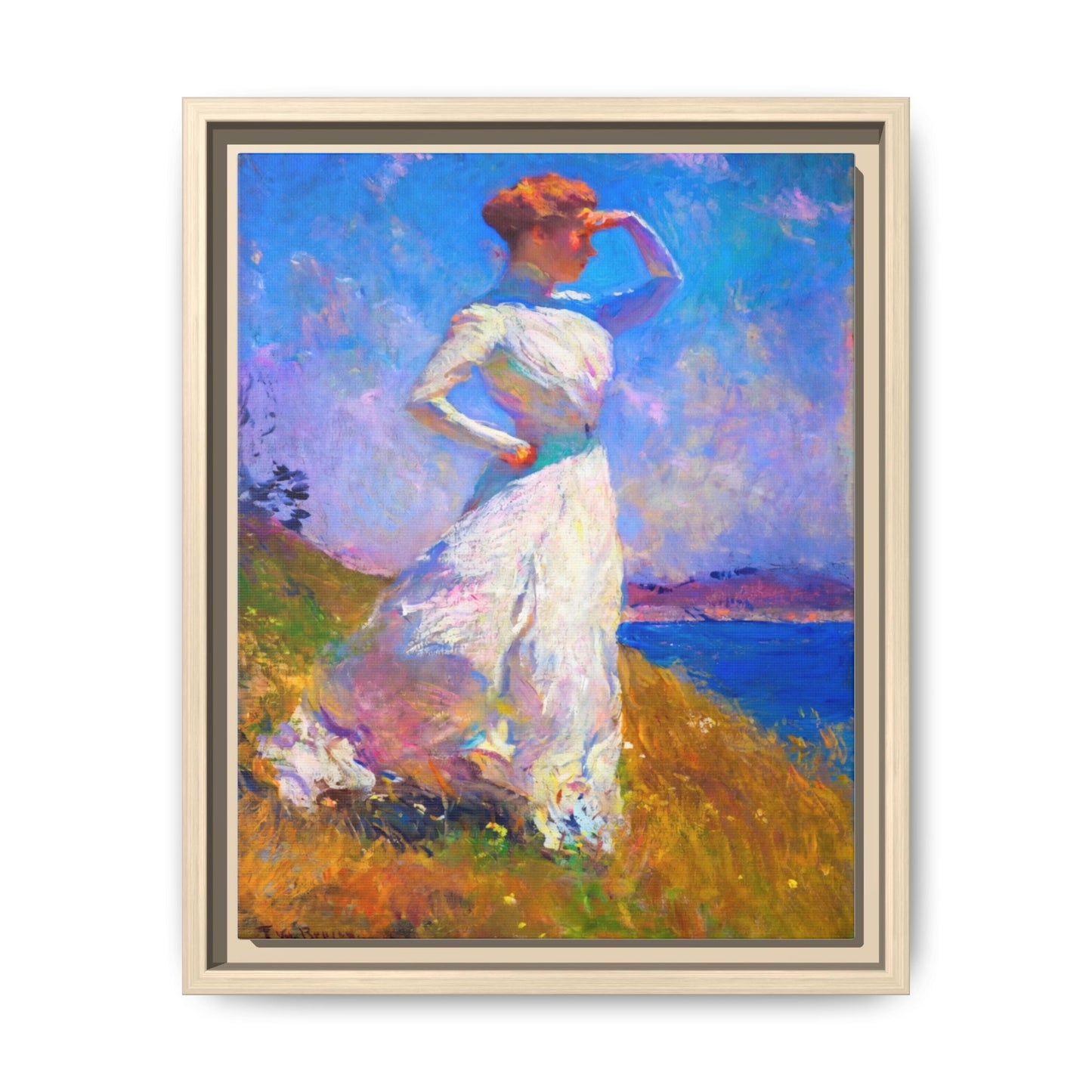Framed Matte Canvas Art - Woman in White Seaside Impressionist Print