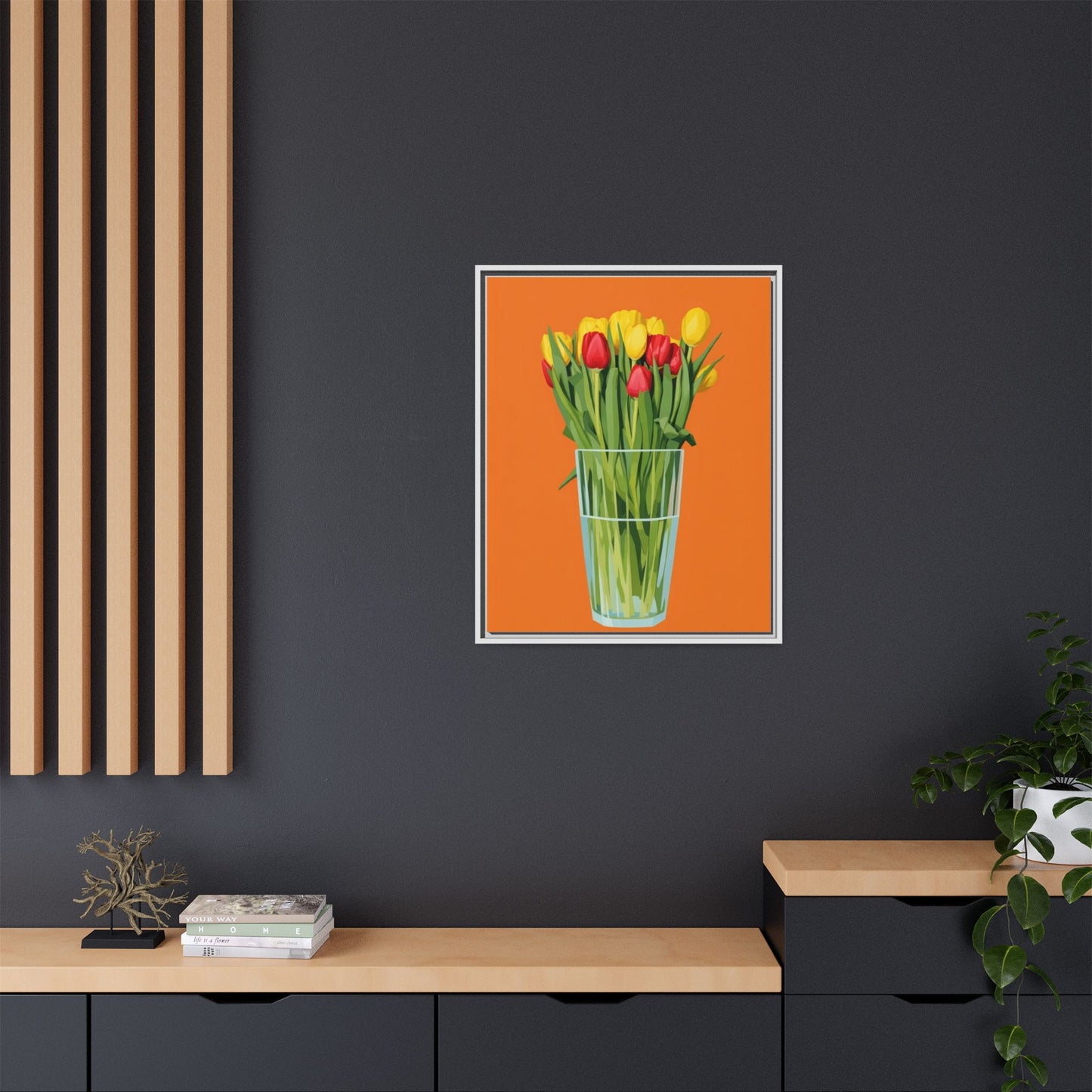 Framed Tulip Canvas Print — Colorful Tulips in Glass Vase