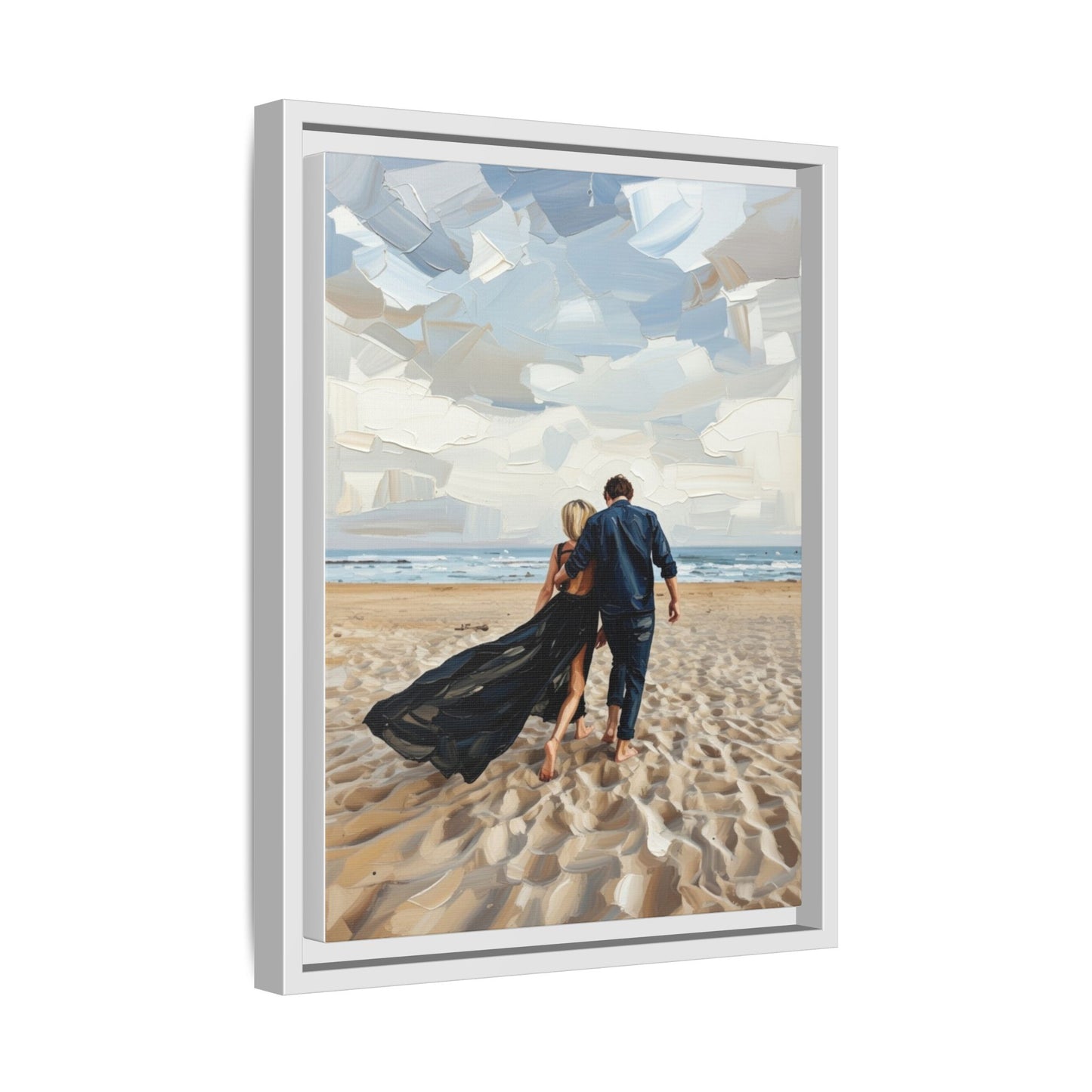 Framed Canvas Wall Art — Romantic Couple Walking on Beach Print