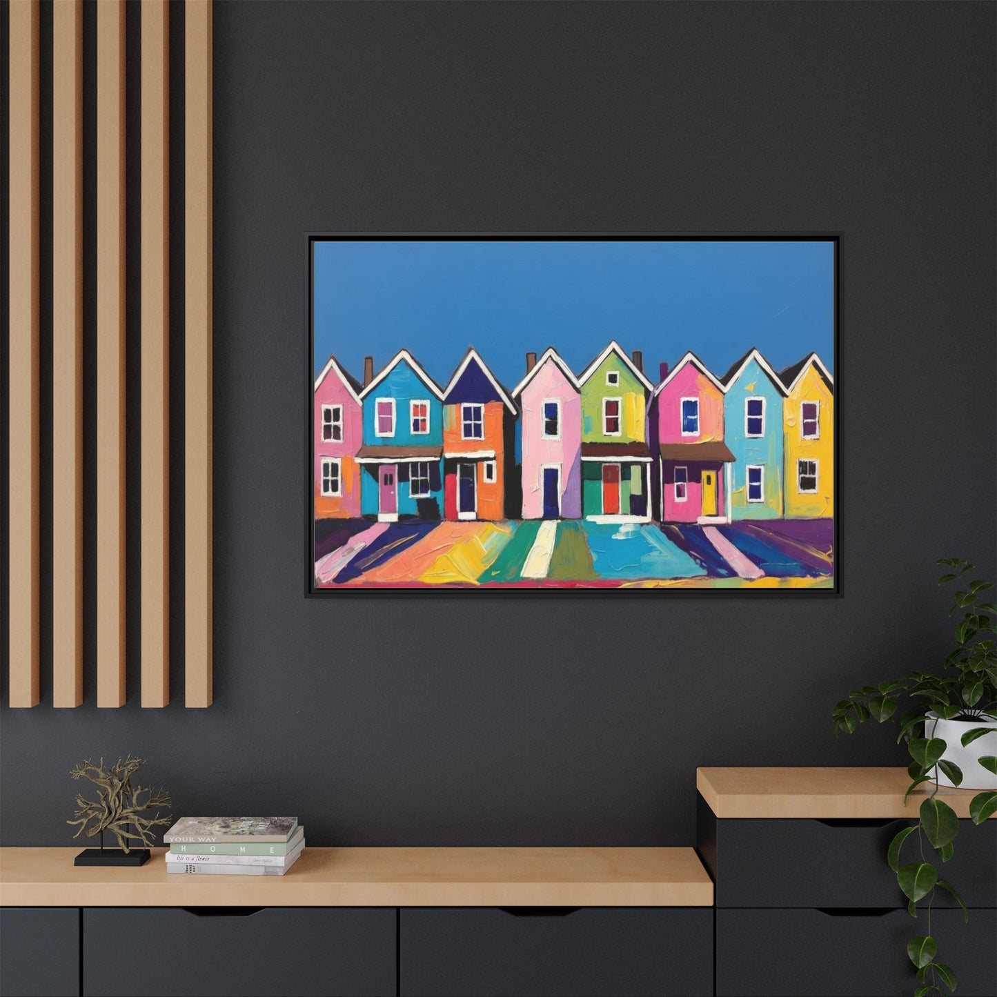 Colorful Beach Houses Matte Canvas Framed Wall Art