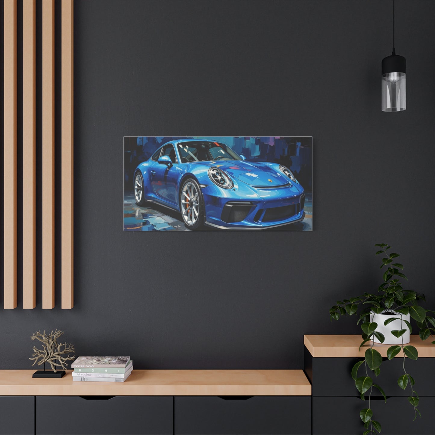 Blue Sports Car Canvas Wall Art — Modern Automotive Painting on Stretched Matte Canvas