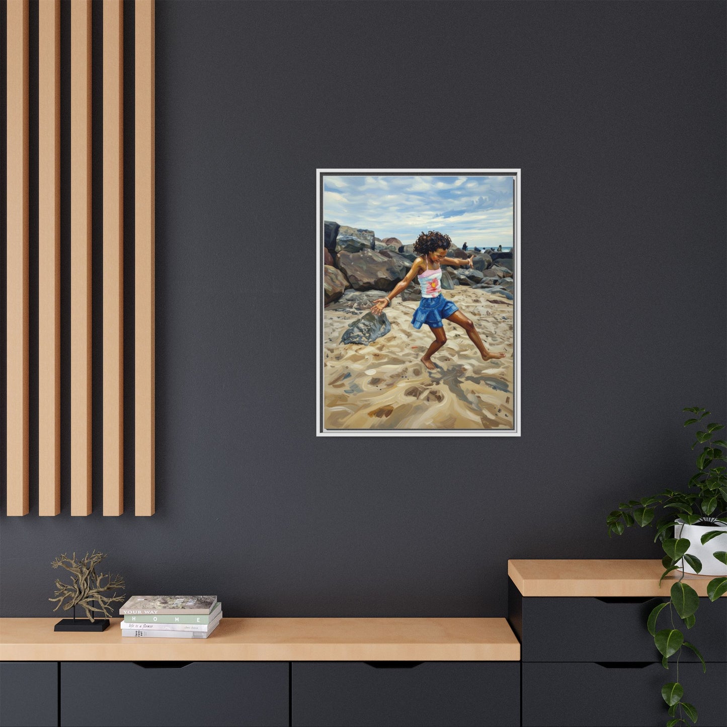 Framed Canvas Art - Girl Dancing on the Beach (Matte Multi-Color)