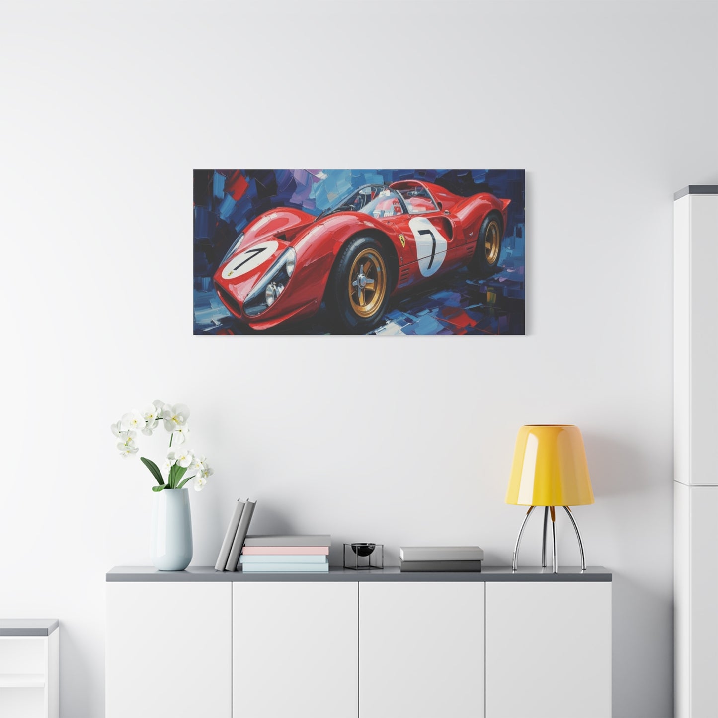 Vintage Ferrari Racing Car Canvas Print — Red Classic Sports Car Artwork (Matte Stretched)