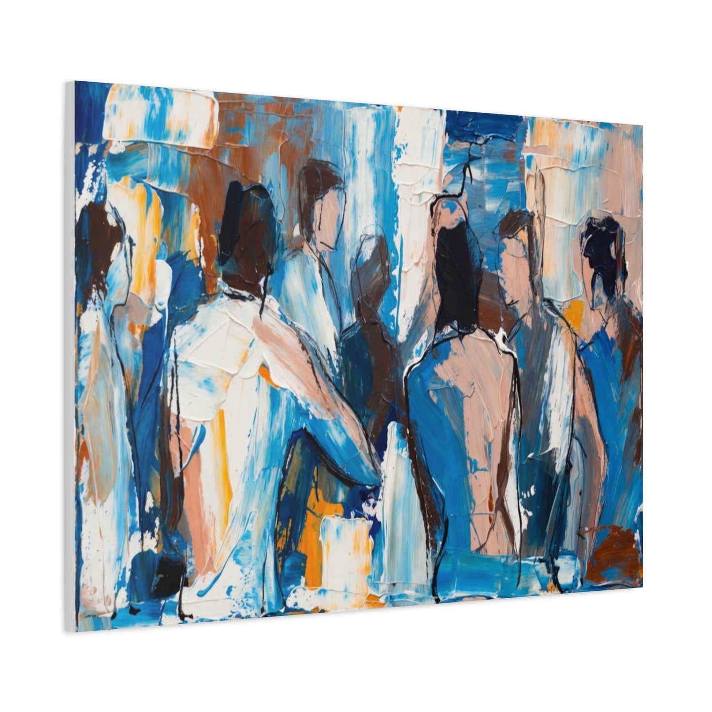 Abstract Figurative Canvas Art — Blue Social Scene Matte Stretched Canvas