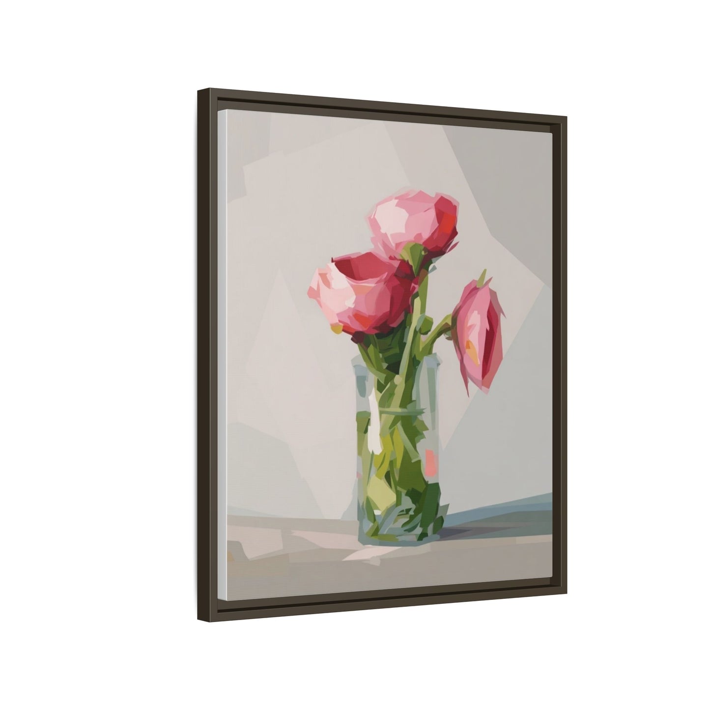 Framed Canvas Art — Pink Roses in Vase, Modern Floral Wall Print