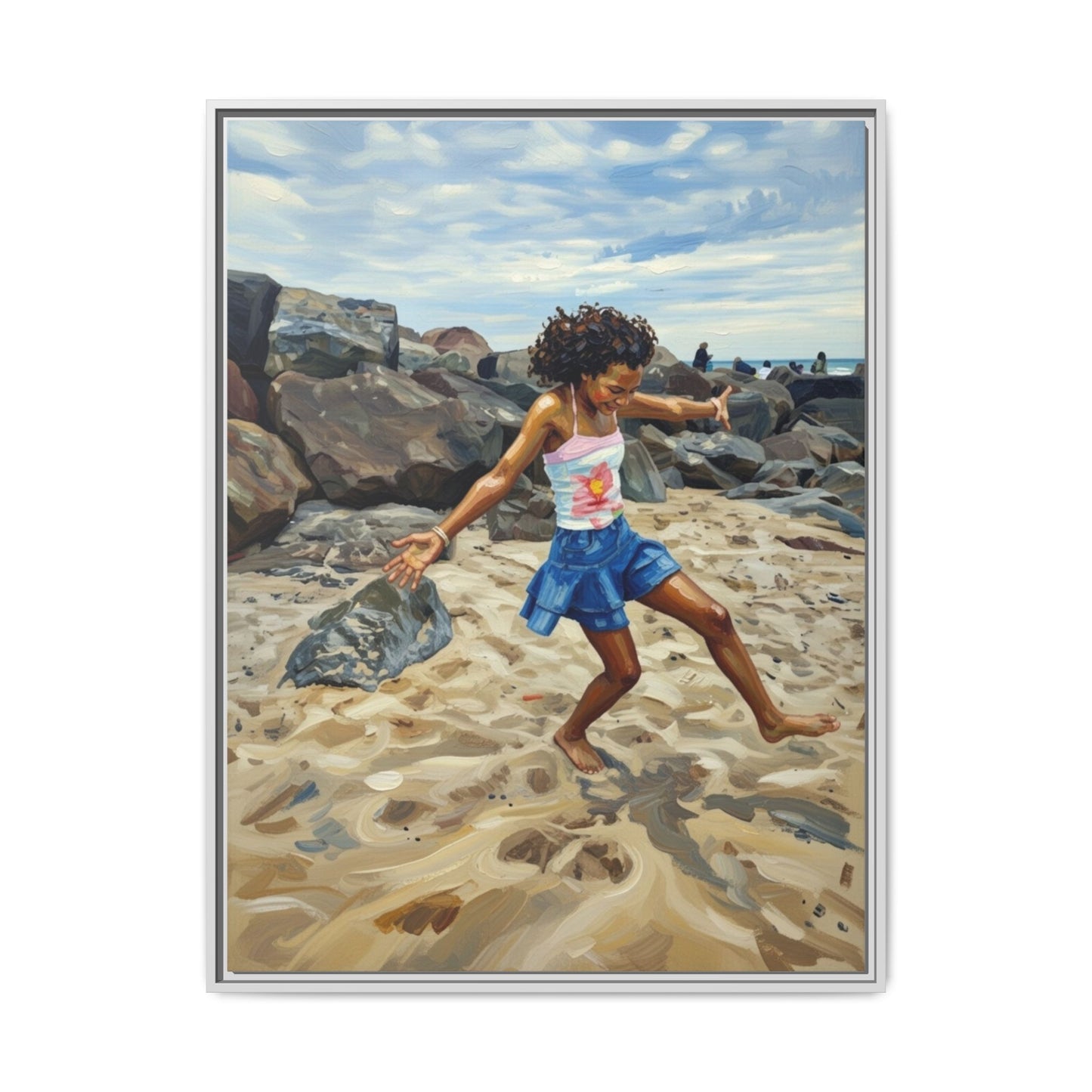 Framed Canvas Art - Girl Dancing on the Beach (Matte Multi-Color)