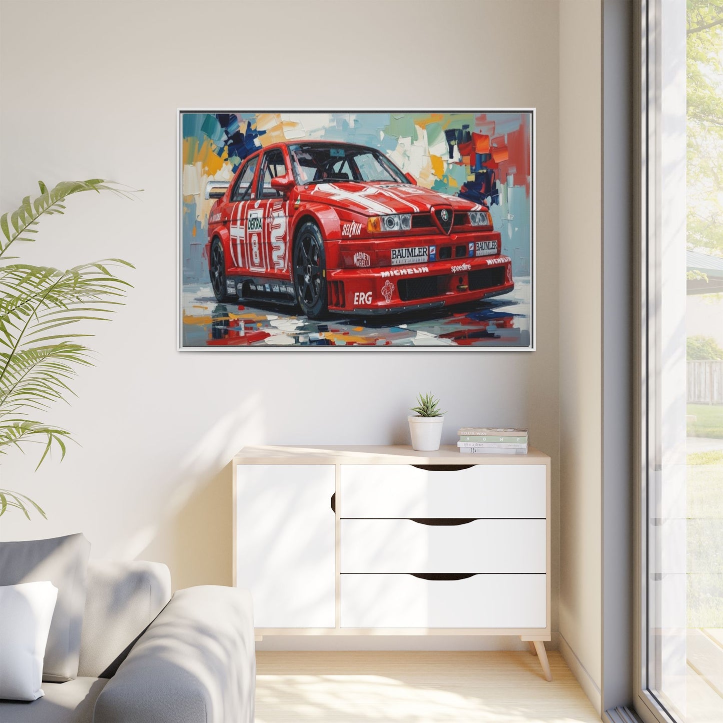 Framed Racing Car Canvas Print — Red Alfa Romeo Track Art