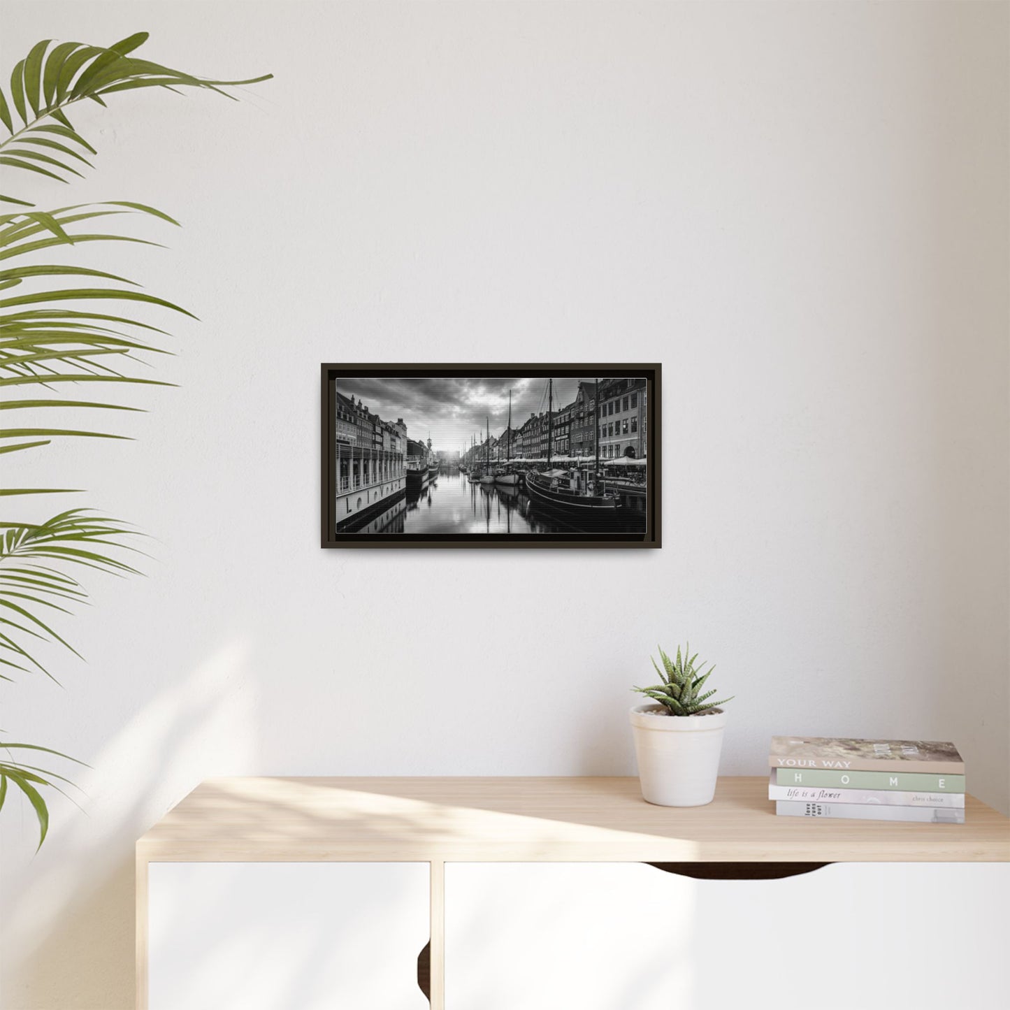 Framed Matte Canvas: Black & White Dutch Canal Photography Wall Art