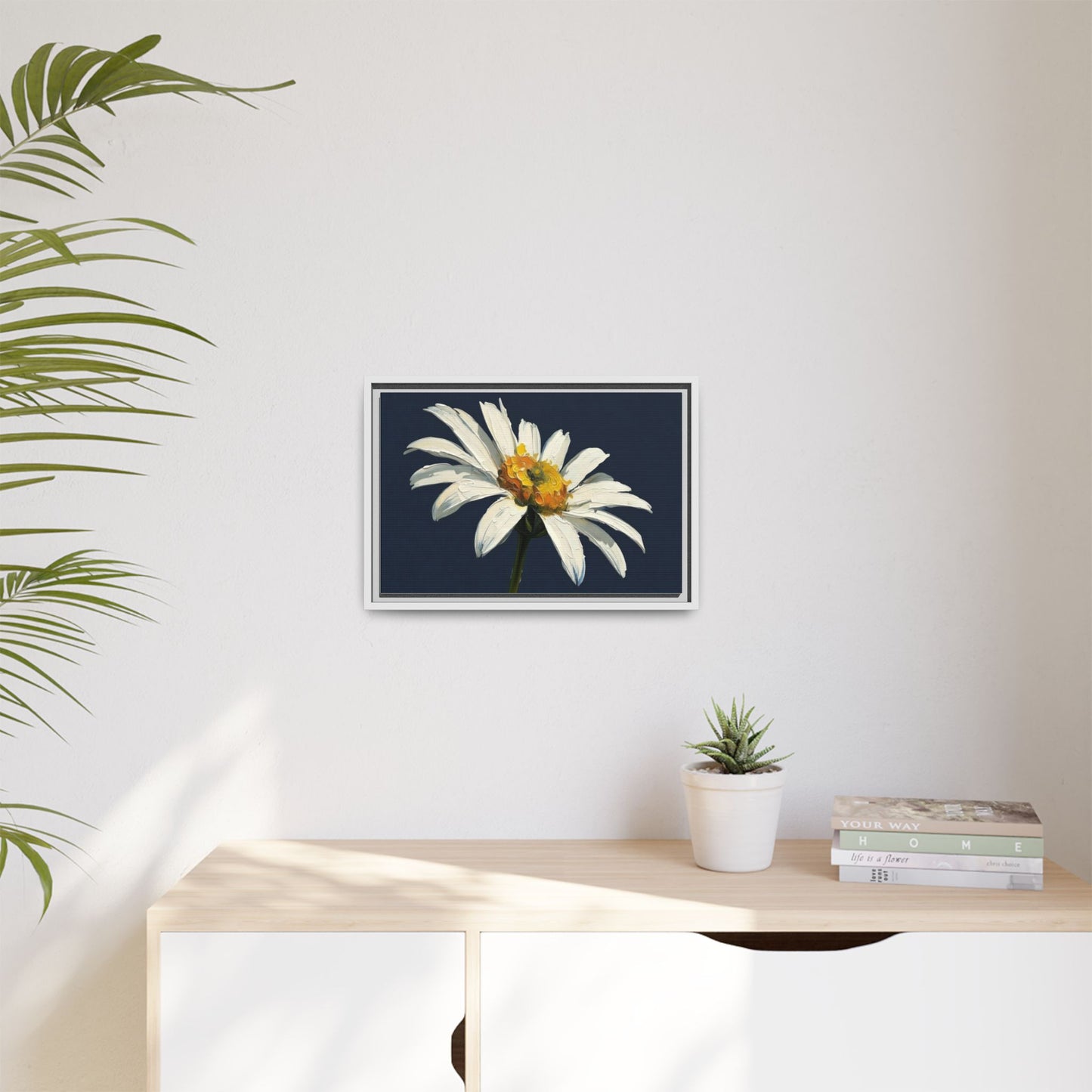 Framed Matte Canvas Daisy Wall Art — White Floral Painting on Navy