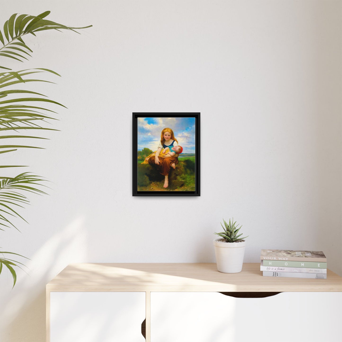 Young Girl Holding Sleeping Baby Canvas Print, Framed Wall Art