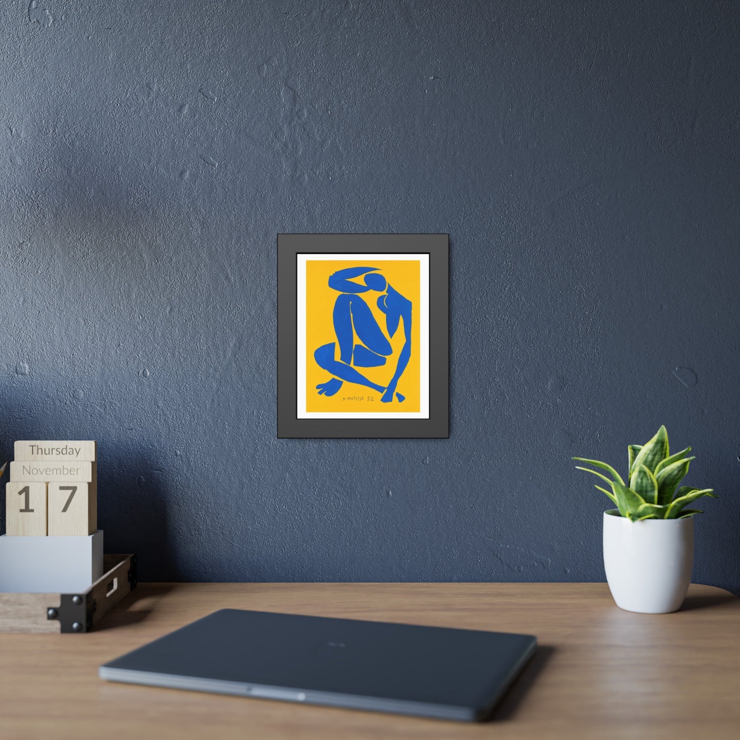 Framed Art Print - Blue Cutout Figure on Yellow (Matisse Style)