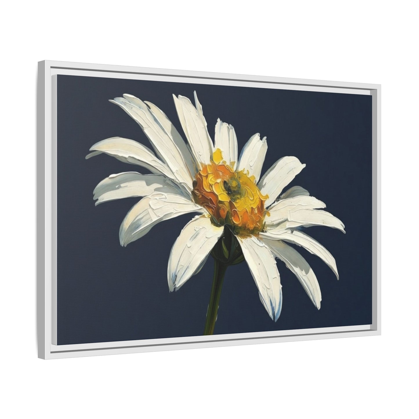 Framed Matte Canvas Daisy Wall Art — White Floral Painting on Navy