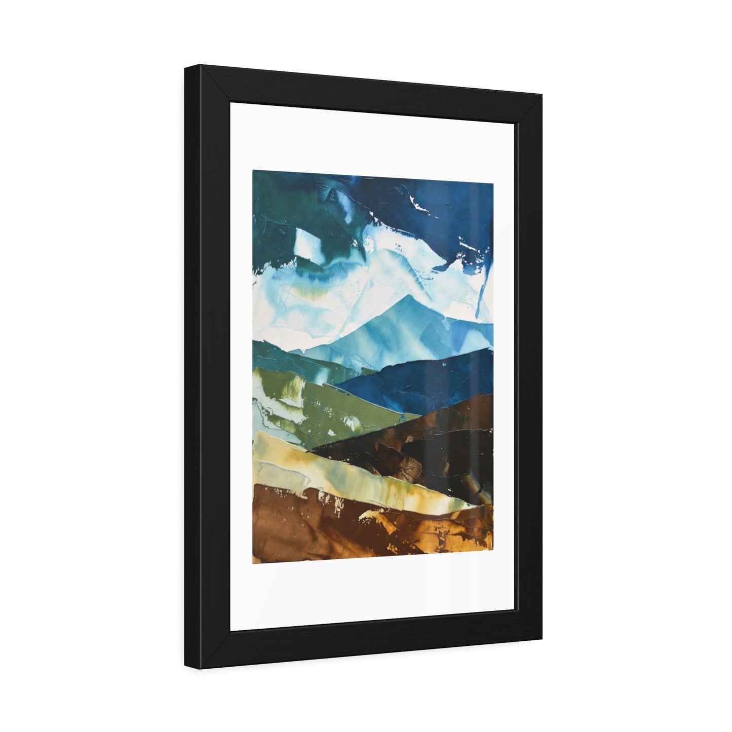 Framed Abstract Mountain Art Print – Blue & Earthtone Layered Landscape Poster