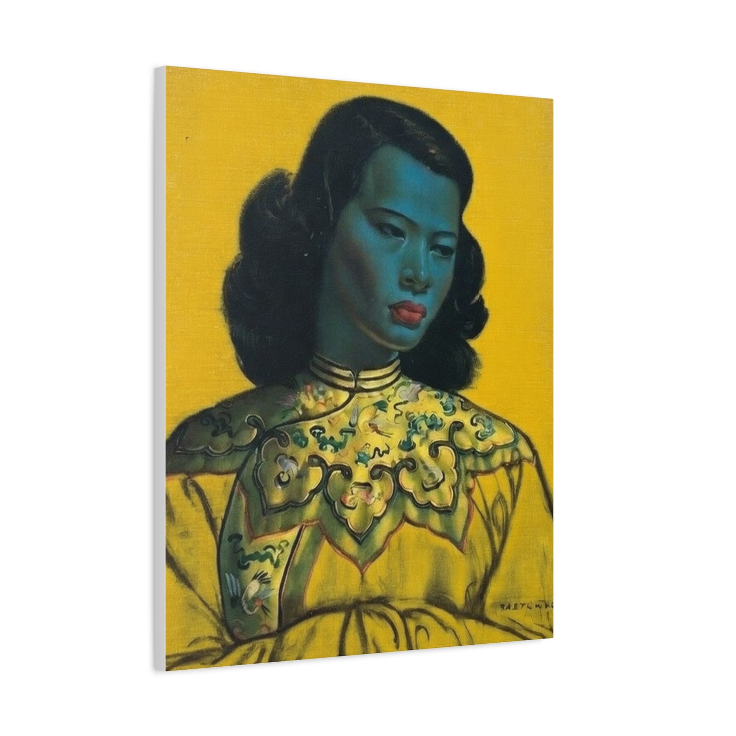 Vintage Portrait Canvas Print — Mid-Century Asian Woman Art on Yellow Background