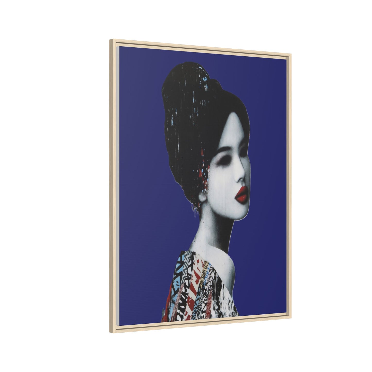 Framed Matte Canvas Art — Elegant Geisha Portrait on Deep Blue