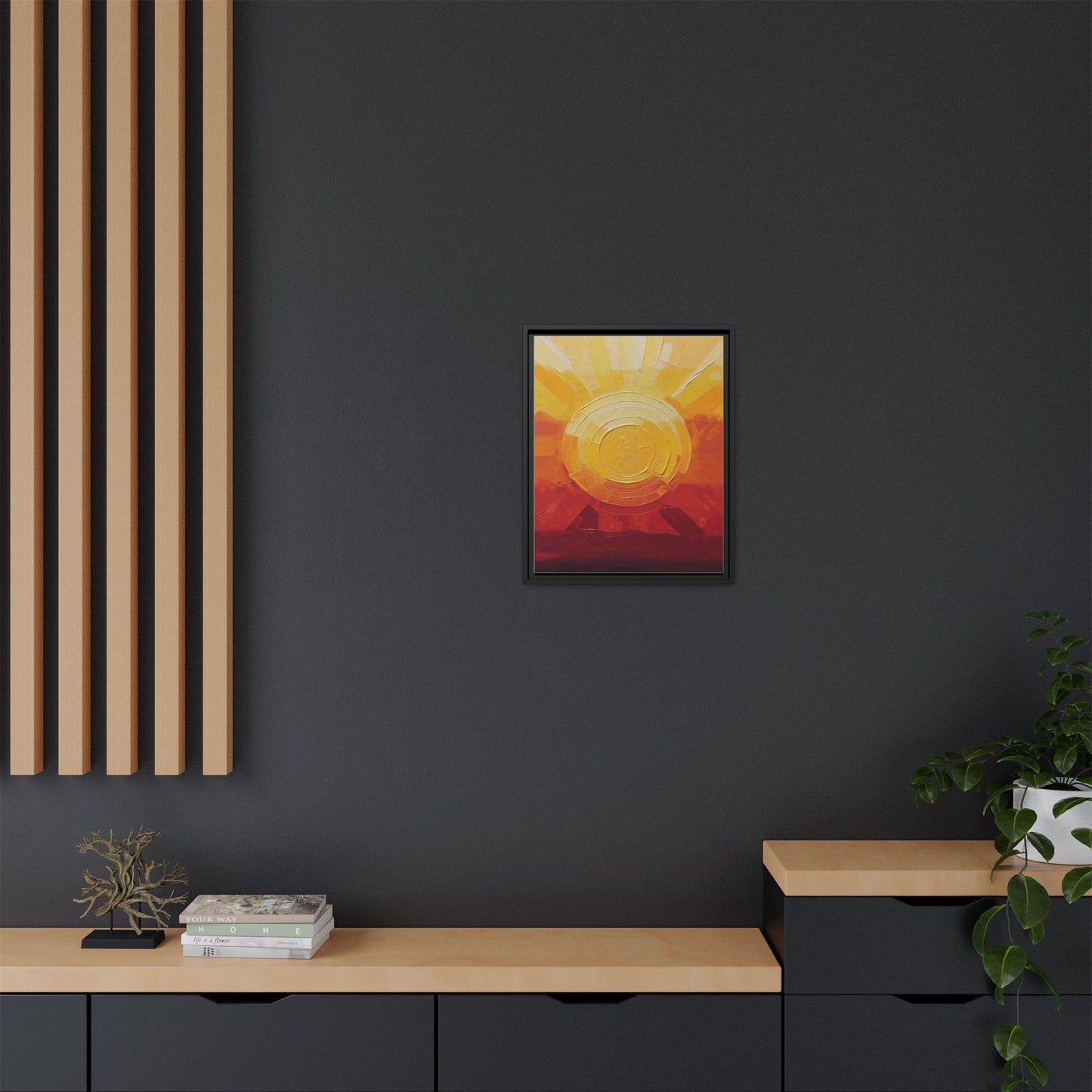 Sunburst Abstract Framed Canvas Art — Matte Multi‑Color Wall Print