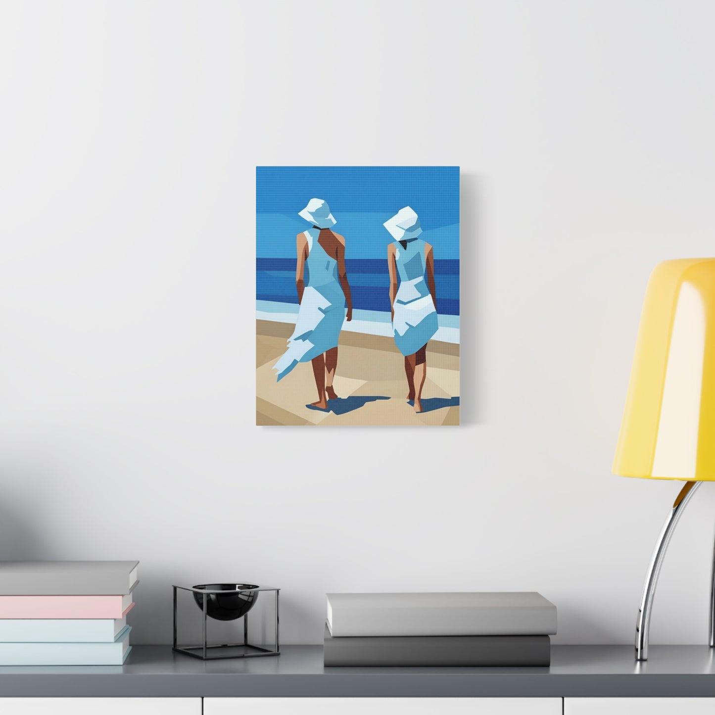 Beach Stroll Canvas Print — Two Women in Blue Sun Hats Matte Stretched