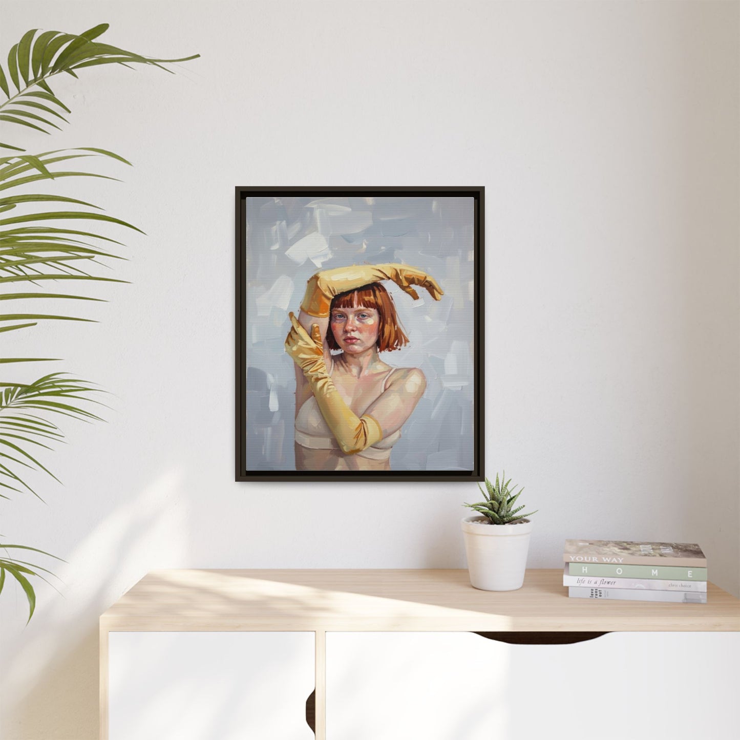Contemporary Portrait Canvas Print — Woman with Yellow Gloves (Framed Matte)