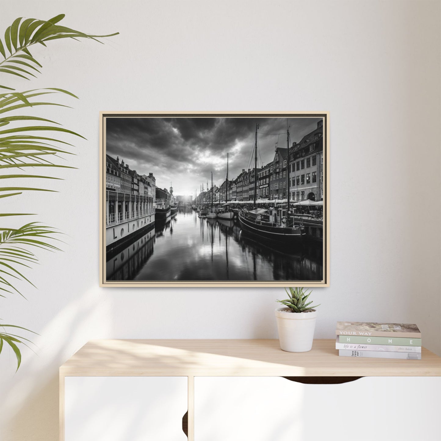 Framed Matte Canvas: Black & White Dutch Canal Photography Wall Art
