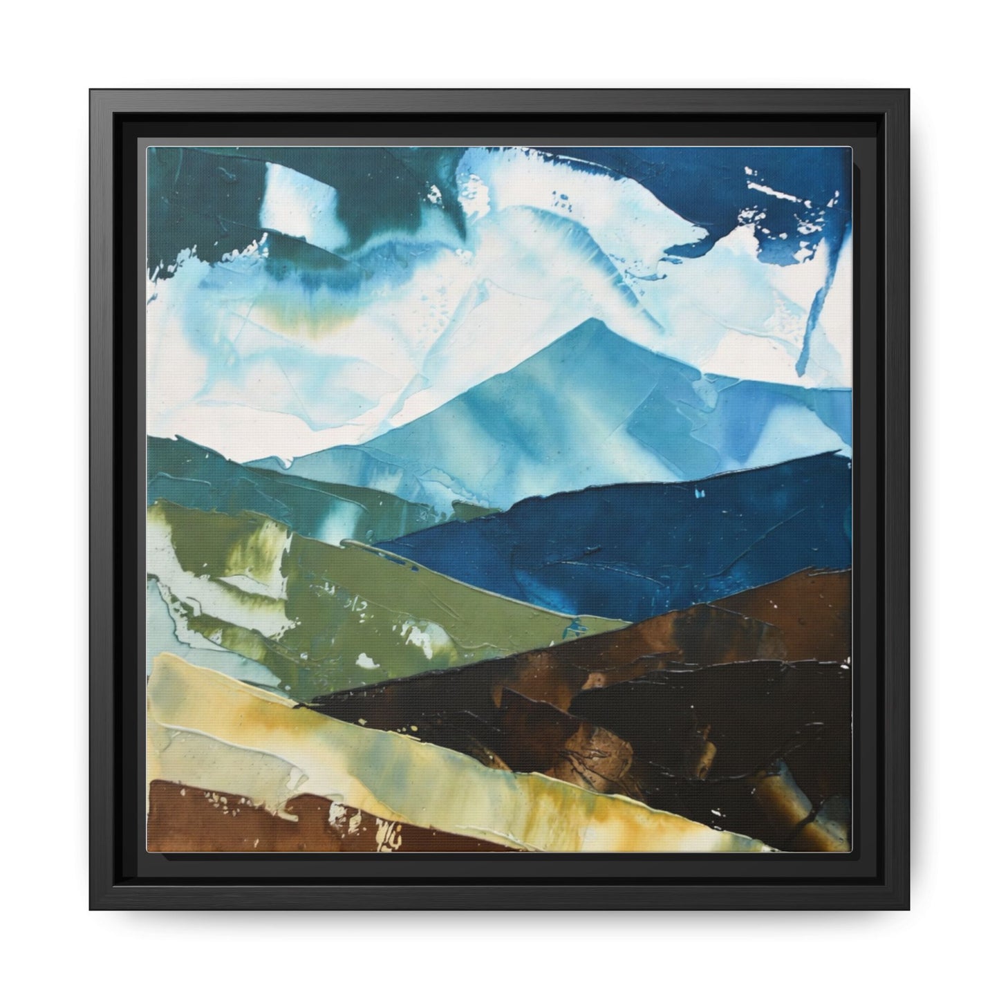 Framed Abstract Mountain Canvas Art — Blue & Earthtone Landscape Print